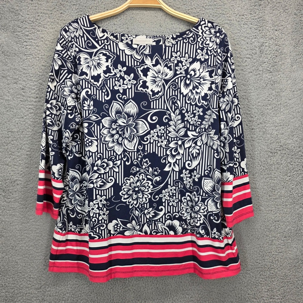 Charter Club Womens L Navy Blue Floral‎ Striped Boat Neck 3/4 Sleeve Top Knit